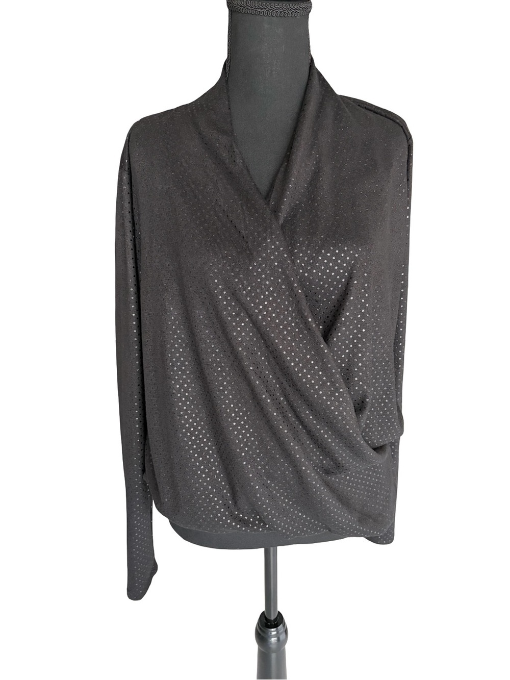 Belldini Black Draped Faux-Wrap Top with Metallic Dot Accents